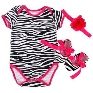 Baby Girl 1st Birthday Zebra Animal Print Romper Headband Shoes 3 Pc Outfit Set